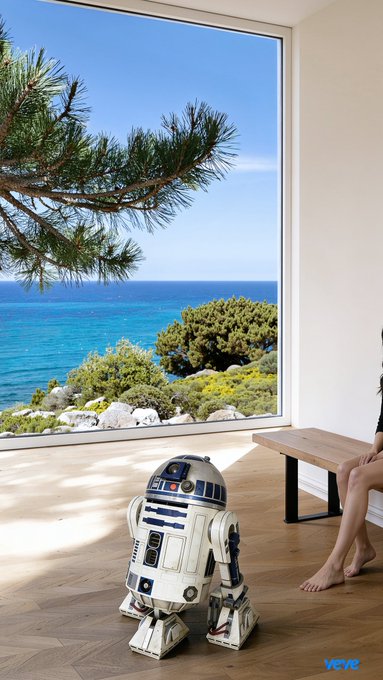 An R2-D2 astromech droid from Star Wars standing on a herringbone wood floor in a modern room with a large window overlooking a scenic ocean view with pine trees.
