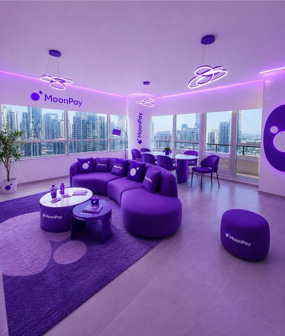 A purple-themed lounge area branded with the 'MoonPay' logo, featuring purple sofas, chairs, and neon ceiling lights with a city skyline view through the windows.