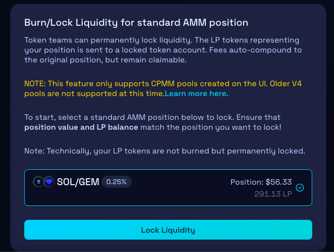 A screenshot showing a "Burn/Lock Liquidity for standard AMM position" interface for a SOL/GEM pool with 0.25% fee, displaying a position value of $56.33 and 291.13 LP, with a blue "Lock Liquidity" button at the bottom.