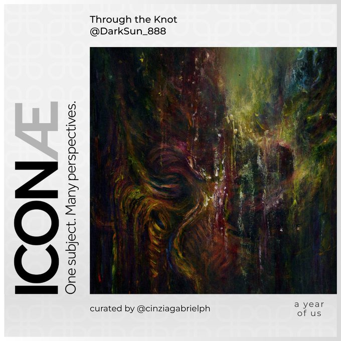 An album cover for 'Through the Knot' by @DarkSun_888, titled 'ICONAE - One subject. Many perspectives.', curated by @cinziagabrielph, with the text 'a year of us' in the corner.