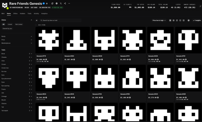 A screenshot of the 'Rare Friends Genesis' NFT collection on a marketplace, displaying pixelated space invader-style avatars priced from $1,000 to $1,580 with filter options like Rarity, Price, and Marketplace on the left.