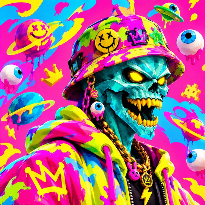 A vibrant neon digital artwork depicting a teal-skinned skull character wearing a pink and yellow graffiti-style bucket hat with smiley face and crown patches, gold chains, and a colorful hoodie, surrounded by floating eyeballs, planets, and crown icons on a pink background.