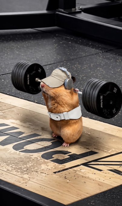A small hamster wearing a weightlifting belt and headphones, lifting an oversized black barbell marked '25KG' while standing on a wooden platform.