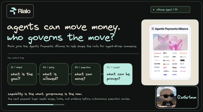 A promotional slide for Rialo highlighting its membership in the "Agentic Payments Alliance" alongside major partners like Stripe, Visa, Mastercard, AWS, and Coinbase, presenting a four-stage governance framework—Intent, Policy, Execution, and Receipt—for agent-driven commerce with the tagline "agents can move money. who governs the move?"