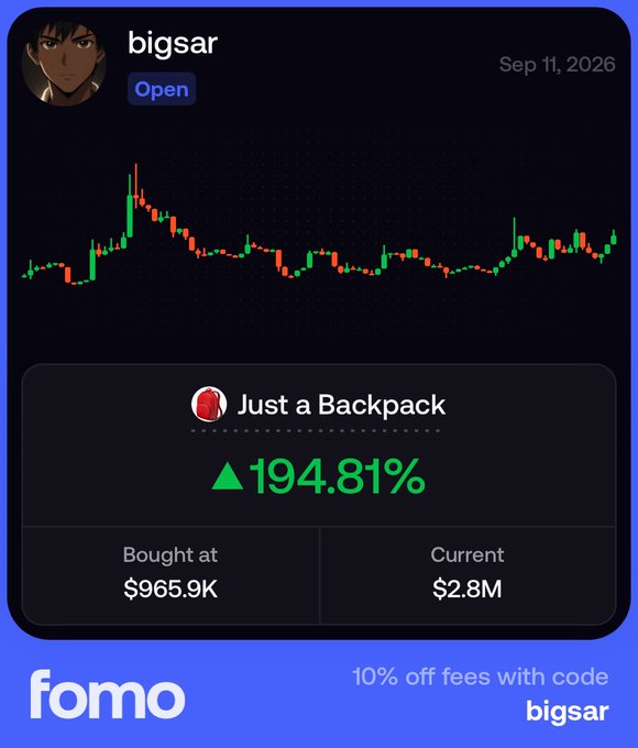 A stock or token tracking app screenshot for 'bigsar' showing a price chart and a 'Just a Backpack' holding with a '194.81%' gain, bought at '$965.9K' and currently valued at '$2.8M'.