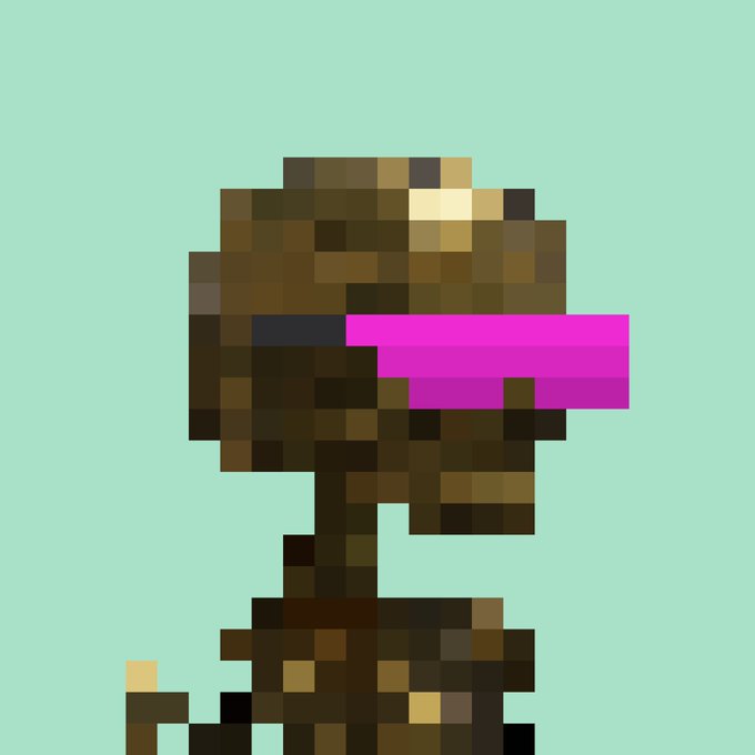 Minimalist pixel art portrait of a figure with brown tones and a bright pink/magenta visor or sunglasses on a light teal background.
