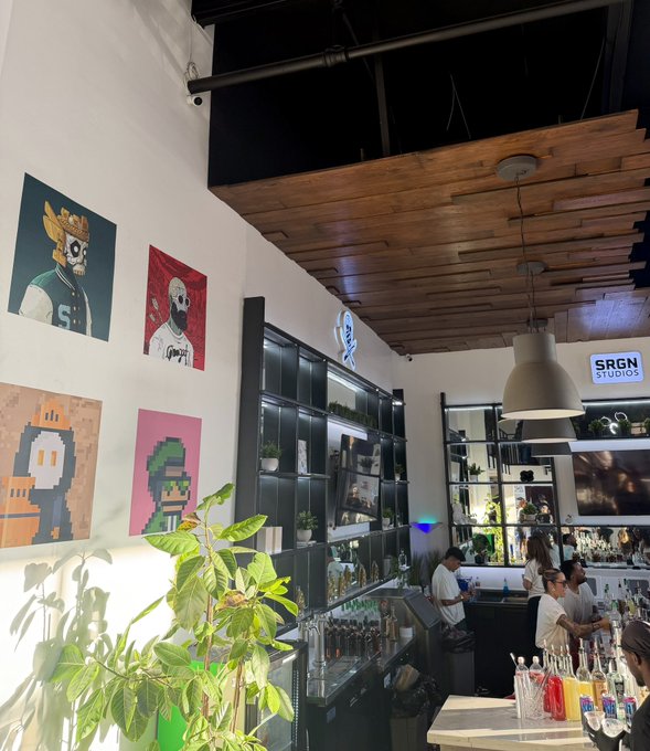 The interior of 'SRGN STUDIOS' features exposed wooden ceiling beams, pop art portraits on the walls, illuminated shelving with plants, and a bar area where staff are working.
