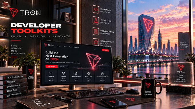 A promotional graphic for TRON Developer Toolkits featuring a modern desk setup with a monitor displaying the TRON website, branded merchandise, and a city skyline at sunset, with text reading 'TRON DEVELOPER TOOLKITS - BUILD • DEVELOP • INNOVATE' and 'Build the Next Generation on TRON'.