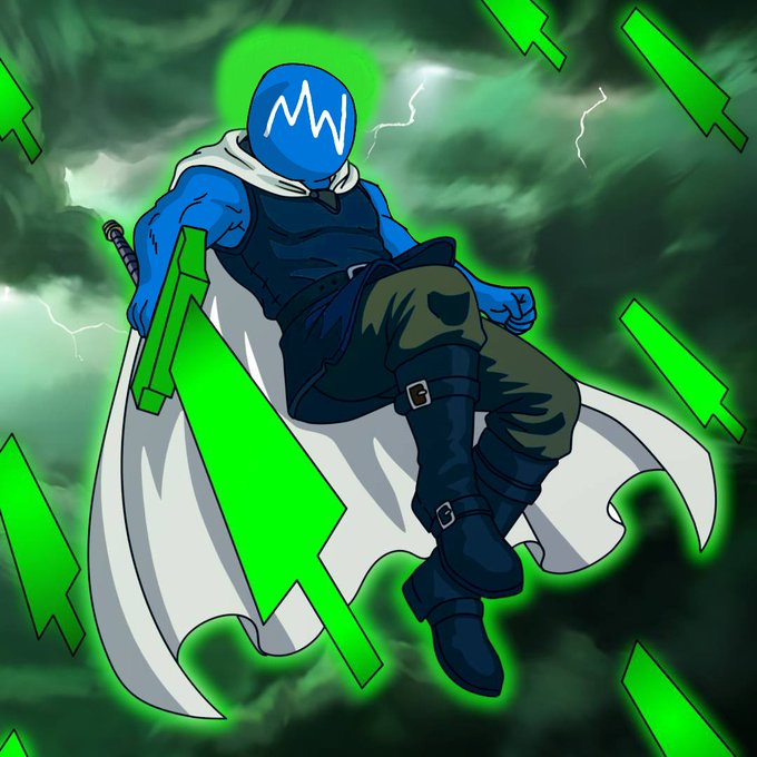 An anime-style illustration of a blue-skinned character with an 'M' on his head, wearing a white cape and dark outfit, surrounded by glowing green sword shapes against a stormy sky.