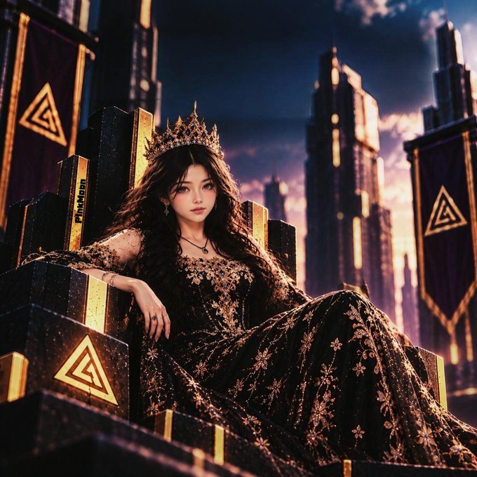 A digital fantasy illustration of a regal woman wearing an ornate gold crown and a black gown with gold floral embroidery, seated on a throne against a dramatic cityscape at dusk.