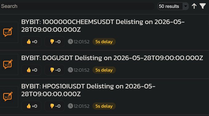 The image shows a screenshot of a computer screen displaying three different posts related to Bitcoin. The first post is about deleting a Bitcoin address, the second post is about deleting a Bitcoin wallet, and the third post is about deleting a Bitcoin block. These posts are titled "Bybit: 100000CHEEMSUDT DELISTING ON 2026-05-28 00:00:00 Z", "Bybit: HOGUSD TLDISTING ON 2026-05-28 00:00:00 Z", and "Bybit: HOPOS10I DLDISTING ON 2026-05-28 00:00:00 Z". The image also contains a small amount of text, which is not relevant to the main content.
