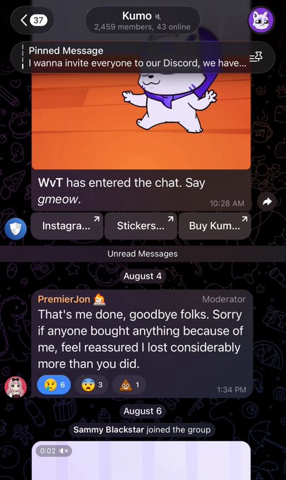 A Telegram group chat named 'Kumo' shows a pinned message and a user named 'PremierJon' posting 'That's me done, goodbye folks. Sorry if anyone bought anything because of me, feel reassured I lost considerably more than you did.'
