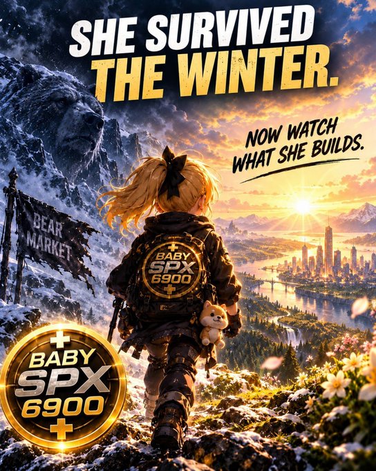 A promotional graphic with the text 'SHE SURVIVED THE WINTER. NOW WATCH WHAT SHE BUILDS' featuring a blonde character with a backpack labeled 'BABY SPX 6900' overlooking a futuristic city at sunset, with a 'BEAR MARKET' flag and a matching gold badge.