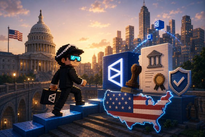 A 3D voxel-style artwork shows a figure in a suit and VR goggles carrying a briefcase with the Ethereum logo, standing near a US map and blocks representing cryptocurrency regulation against a cityscape.