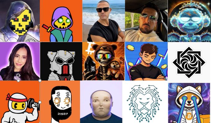 A collage grid featuring various digital avatars, NFT art characters, and profile photos of individuals, typical of crypto or web3 community members.
