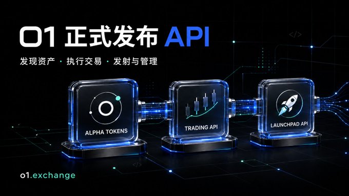The image promotes O1's official API launch, featuring three glowing blue holographic cubes labeled "ALPHA TOKENS," "TRADING API," and "LAUNCHPAD API" against a dark tech-themed background. The header reads "O1 正式发布 API" (O1 Officially Releases API) with the tagline "发现资产 · 执行交易 · 发射与管理" (Discover Assets · Execute Trades · Launch & Manage), and "o1.exchange" is displayed in the bottom-left corner, visually reinforcing the announcement of the exchange's new developer API suite.