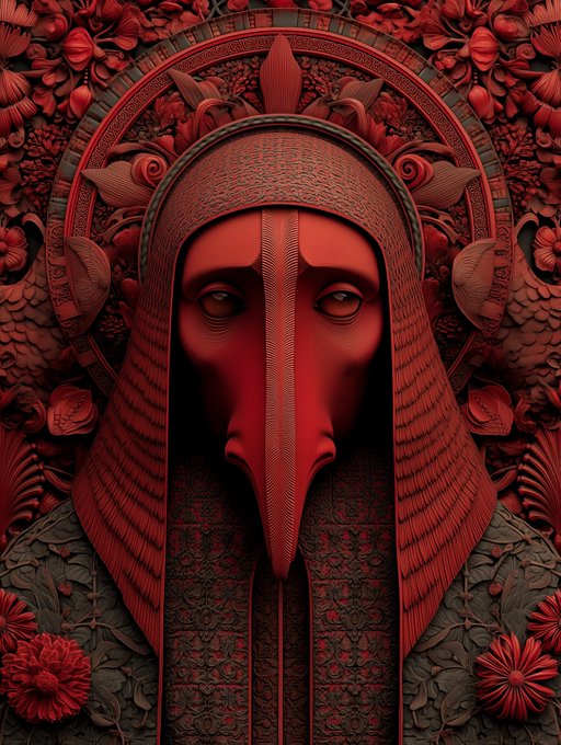 A striking monochromatic red sculptural artwork depicting a hooded figure with an elongated, pointed face framed by ornate floral patterns and a decorative halo. The image visually reflects the "Guardian of the Order Gate" theme, evoking a mystical sentinel presiding over an intricate, ceremonial threshold.