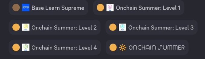 The image displays a collection of Base blockchain NFT badges, including "Base Learn Supreme" alongside the Onchain Summer levels 1 through 4, representing the early-tier achievements tracked in the holder distribution data. These visual badges correspond to the entry-level NFT qualifications referenced in the post, which notes that only about 1k wallets hold Onchain Summer NFTs above level 6.