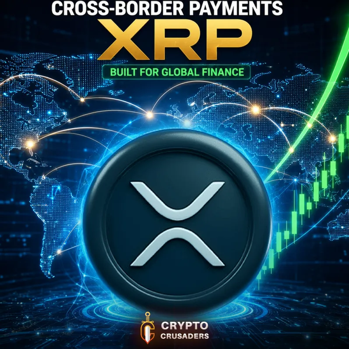 A promotional crypto graphic for XRP by 'Crypto Crusaders' with the tagline 'CROSS-BORDER PAYMENTS - XRP - BUILT FOR GLOBAL FINANCE,' featuring the XRP logo over a world map with financial connection lines and candlestick charts.