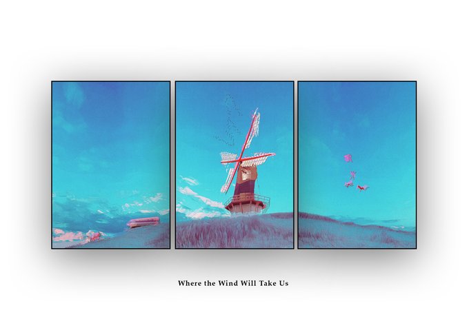 A three-panel artwork titled 'Where the Wind Will Take Us' depicting a windmill, a bus, and a kite against a turquoise sky.