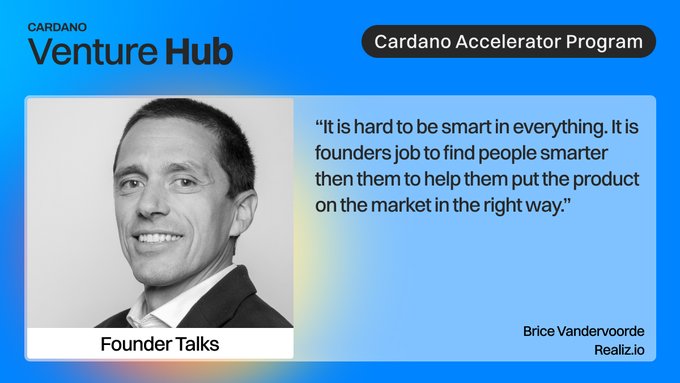 The image features a man wearing a suit and tie smiling for the camera. The caption reads "Cardano Accelerator Program Founder Talks" with an image of Brice from Realiz.io's recent post, which includes details about the program and its application process.