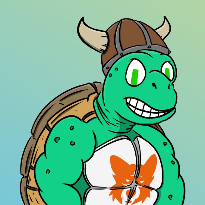 A cartoon green turtle wearing a Viking-style horned helmet sports a wide toothy grin and a white tank top featuring an orange fox logo. The muscular turtle mascot fits the "Turtle NFT #3995" branding from the accompanying post, which advertises a mint on turtleoncro.com.