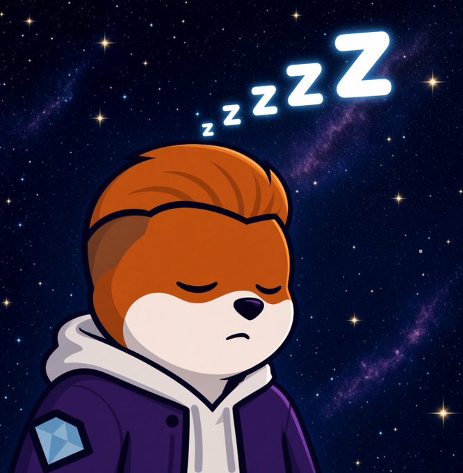 A cartoon illustration of a brown and white dog wearing a purple hoodie with a small blue diamond logo, sleeping against a starry night sky with 'Zzz' floating above its head.