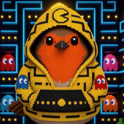 A pixel-art robin character wears a yellow hooded jacket with a Pac-Man emblem, set against a retro arcade maze background featuring classic Pac-Man ghosts (red and pink) and additional robin figures, tying into the "NFT season on RobinHood" post by blending the Robin Hood/robin mascot with nostalgic gaming aesthetics to suggest an early arrival to the trend.