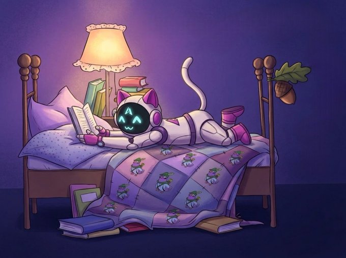 A cartoon illustration of a white cat-like robot with a glowing digital face lying on a bed reading, under a lamp, with books scattered around and a patchwork quilt featuring repeating cat motifs.