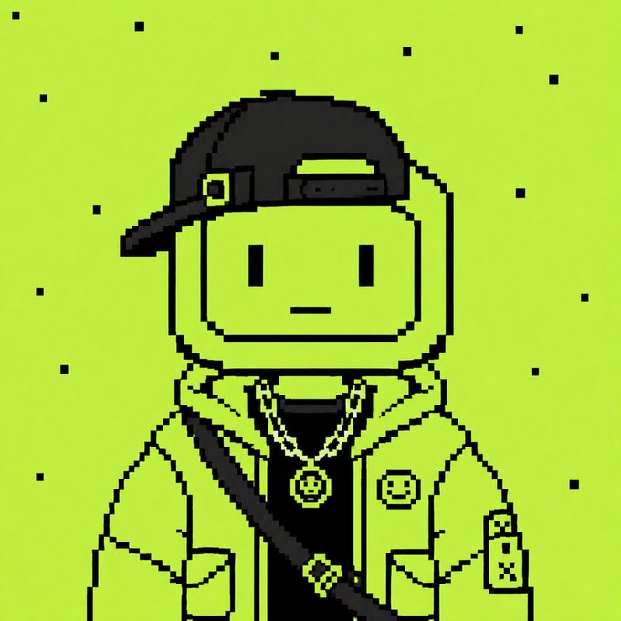 A pixel art illustration of a green character wearing a backwards black cap, gold chain, and hooded jacket against a bright yellow-green background.