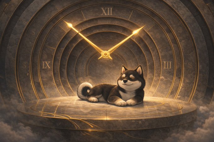 A small black and white dog rests on a circular stone platform in front of an ornate, glowing clock face with Roman numerals.