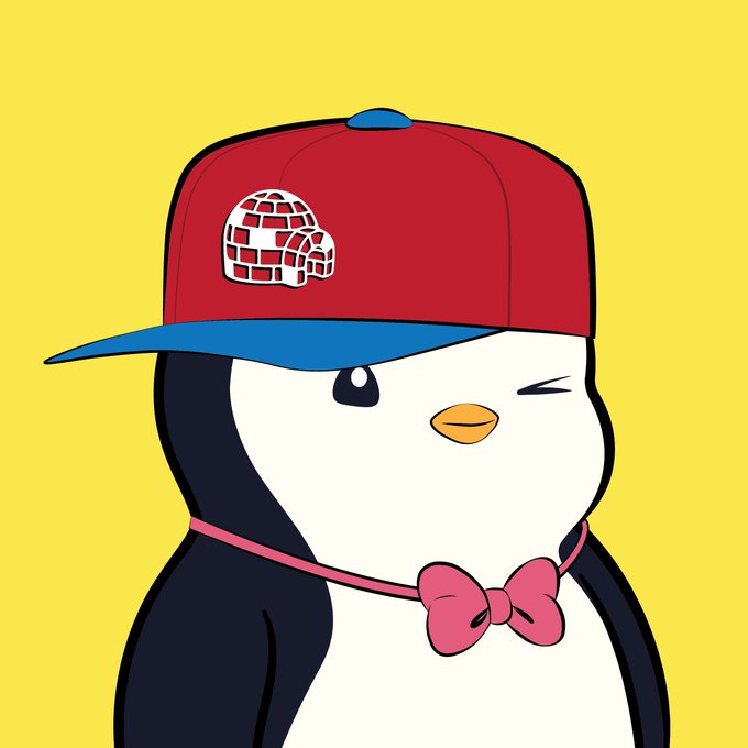 A cartoon penguin character wearing a red and blue cap with a brick igloo logo and a pink bow tie, winking against a yellow background.