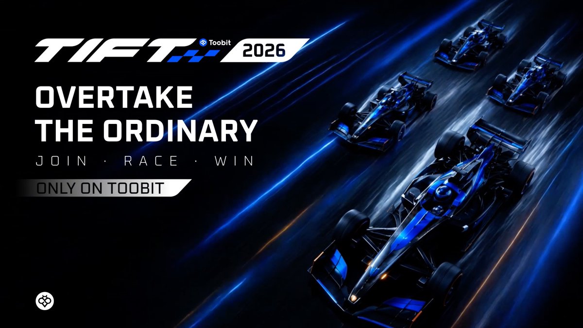 A promotional banner for TIFT 2026 on Toobit featuring formula-style race cars speeding across a dark blue background, with the tagline 'OVERTAKE THE ORDINARY - JOIN · RACE · WIN - ONLY ON TOOBIT'.