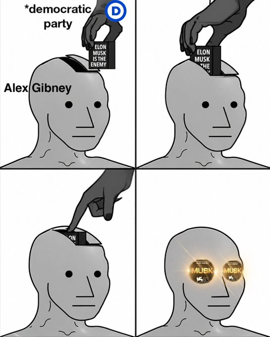 A four-panel political meme showing '*democratic party' inserting 'ELON MUSK IS THE ENEMY' into a figure labeled 'Alex Gibney,' who eventually has glowing 'MUFK' eyes inserted instead.