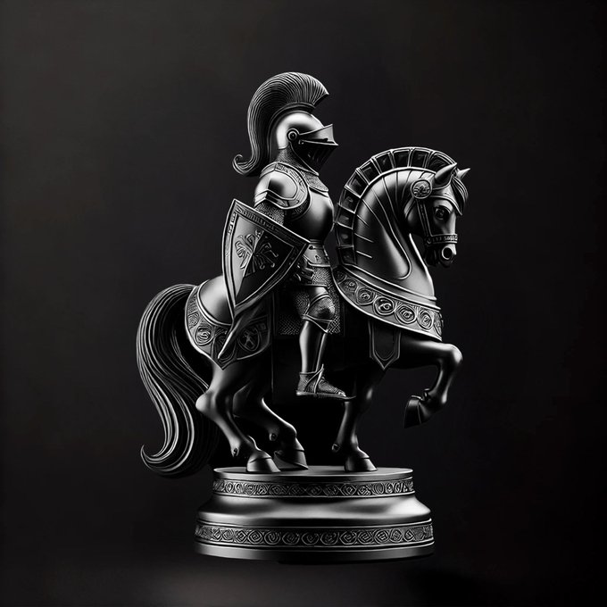 The image features a statue of a knight riding a horse, which appears to be made from metal or stone. The knight is depicted wearing armor for protection during battle. The statue is placed on a pedestal, giving it an elevated position that emphasizes its importance. The background is black, making the knight and his surroundings stand out prominently. The image also includes text that reads "GM Amigos TGIF A meme ecosystem with actual utility? That’s ?". This suggests that the image might be part of a larger collection or series related to gaming or digital art, where the knight statue serves as an interesting visual element within a virtual or interactive environment.