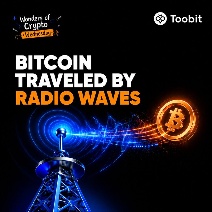 A promotional graphic by Toobit titled "Wonders of Crypto Wednesday" featuring the bold text "BITCOIN TRAVELED BY RADIO WAVES," accompanied by a visual of a radio tower emitting blue and orange signal waves toward a glowing Bitcoin coin, illustrating the post's message about a Bitcoin transaction being broadcast via radio waves rather than traditional internet.