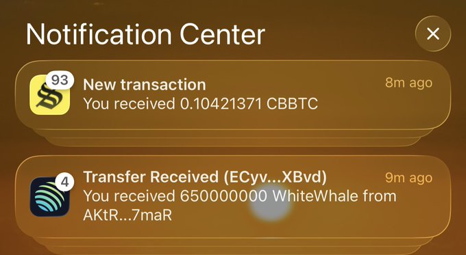 A Notification Center displays two alerts: "New transaction - You received 0.10421371 CBBTC" and "Transfer Received (ECyv...XBvd) - You received 6500000000 WhiteWhale from AKtR...7maR," showing the unsolicited transfer of 6.5 billion WhiteWhale tokens referenced in the post's critique of an unauthorized meme coin.
