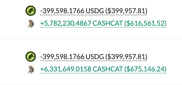 The image shows two recent whale transactions for CASHCAT token purchases totaling approximately 6.3 million and 5.8 million tokens (worth $675K and $616K), paid for with ~399,598 USDG ($399,957). These large buys illustrate the "whale" accumulation mentioned in the post, showing how a major holder continues buying the token rather than taking profits, despite having previously gained over $1.2M when CASHCAT's market cap spiked to 200M on Robinhood listing news.
