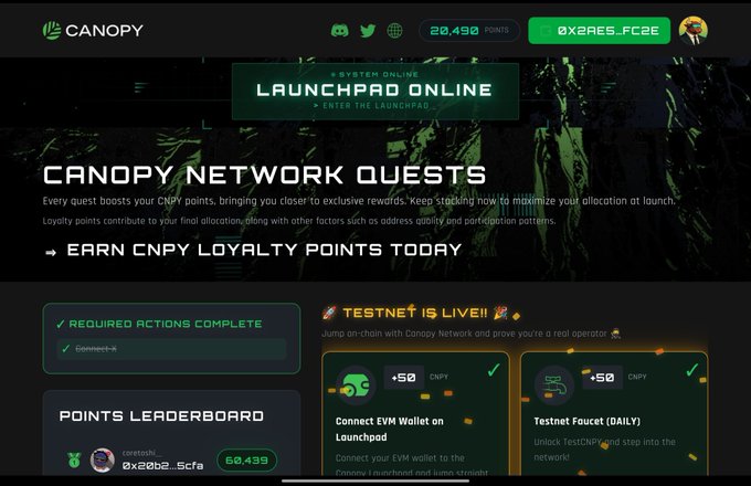 A screenshot of the Canopy Network website showing 'CANOPY NETWORK QUESTS' and a 'LAUNCHPAD ONLINE' page, with a points leaderboard and completed testnet tasks worth +50 CNPY each.