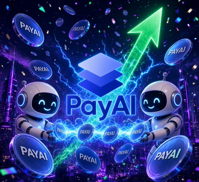 A vibrant digital illustration features two smiling robots surrounded by floating 'PAYAI' coins and a large blue logo with a green upward arrow.