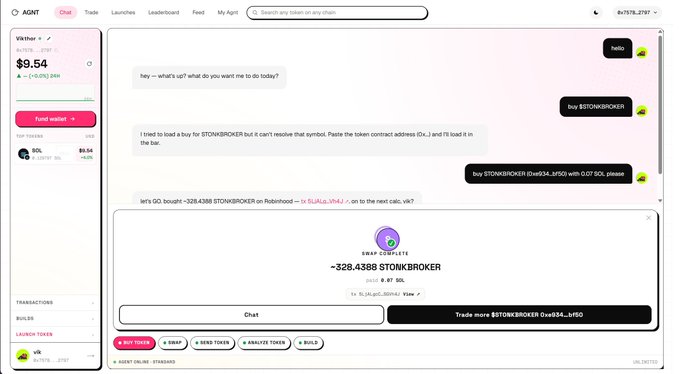 A screenshot of a digital trading interface showing the "vikthe" / "$vik" token priced at $9.54, with a chat where a user uses the AI agent "SWAP COMPLETE" to buy $TONBROKER tokens.