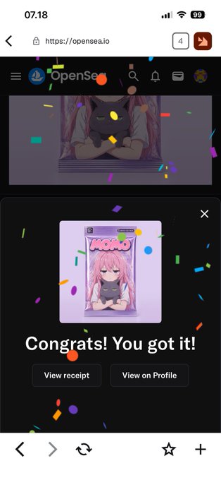 A mobile screenshot of the website https://opensea.io showing an NFT collection, with a popup that reads "Congrats! You got it!" above options to "View receipt" and "View on Profile," featuring an anime-style character card.