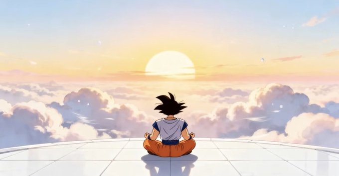 An anime-style illustration shows a character with spiky black hair sitting cross-legged in a meditative pose on a white platform above the clouds. A large sun sets in the background, casting warm colors across the cloudy sky.