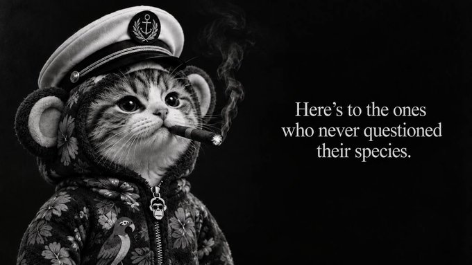 A black-and-white image shows a tabby cat wearing a sailor hat and a floral hoodie with bear ears, smoking a cigar, alongside the text "Here's to the ones who never questioned their species."