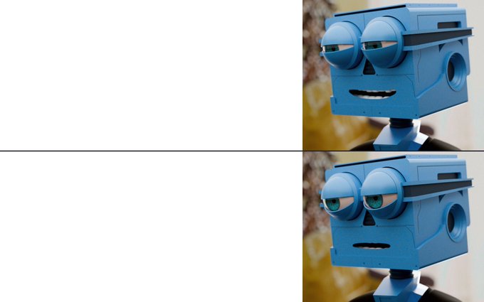 A two-panel image shows a blue robot with large eyes; in the top panel it smiles while in the bottom panel it has a more neutral, downturned expression.