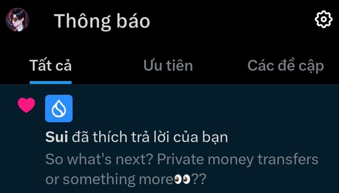 The image shows a screenshot of a social media post with a caption that reads "Just getting likes but still feeling happy, bosses Supporting @SuiNetwork". The post features a person's profile picture and a heart icon next to their name. The post also includes a message about private money transfers or something more, which is written in another language.