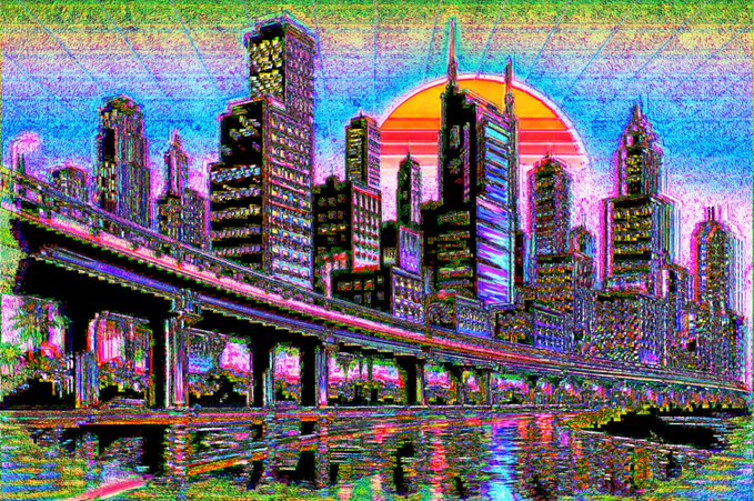 Heavily distorted, glitch-art style digital illustration of a city skyline featuring a bridge, tall skyscrapers, and a retro sun, rendered in neon pinks, greens, and blues.