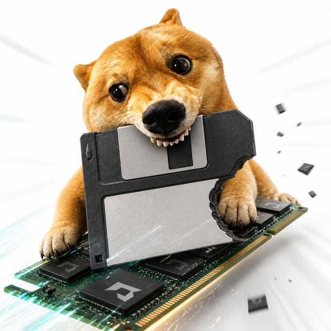 A Shiba Inu puppy appears to chew through a large CPU chip perched on a computer circuit board, with small fragments flying outward.