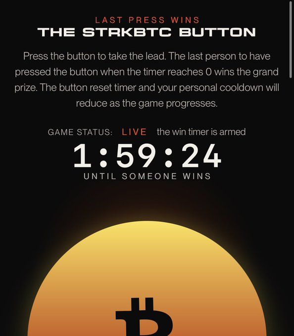 A promotional screen for 'THE STAKBTC BUTTON' game shows 'LAST PRESS WINS' rules, a 'LIVE' game status, a countdown timer at '1:59:24', and a large Bitcoin logo.