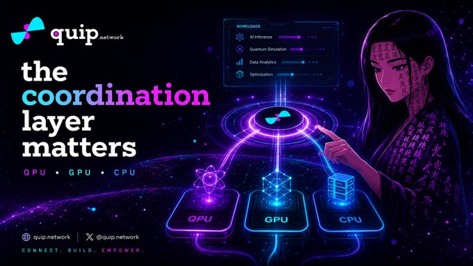 A promotional graphic for 'quip.network' declaring 'the coordination layer matters' alongside 'QPU, GPU, CPU' text, featuring a stylized female character pointing toward a futuristic holographic display of workloads including AI Inference, Quantum Simulation, Data Analytics, and Optimization.